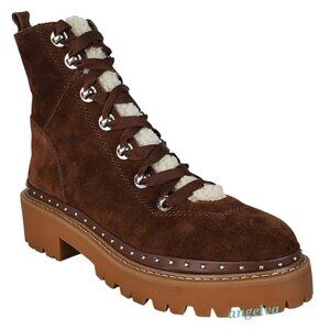New STEVE MADDEN Rainier Combat Boots Block Heel Cognac Suede Sherpa & Studs 6.5